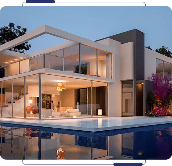 A large modern house with a pool in the foreground.