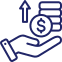 A blue and white icon of a hand holding money.